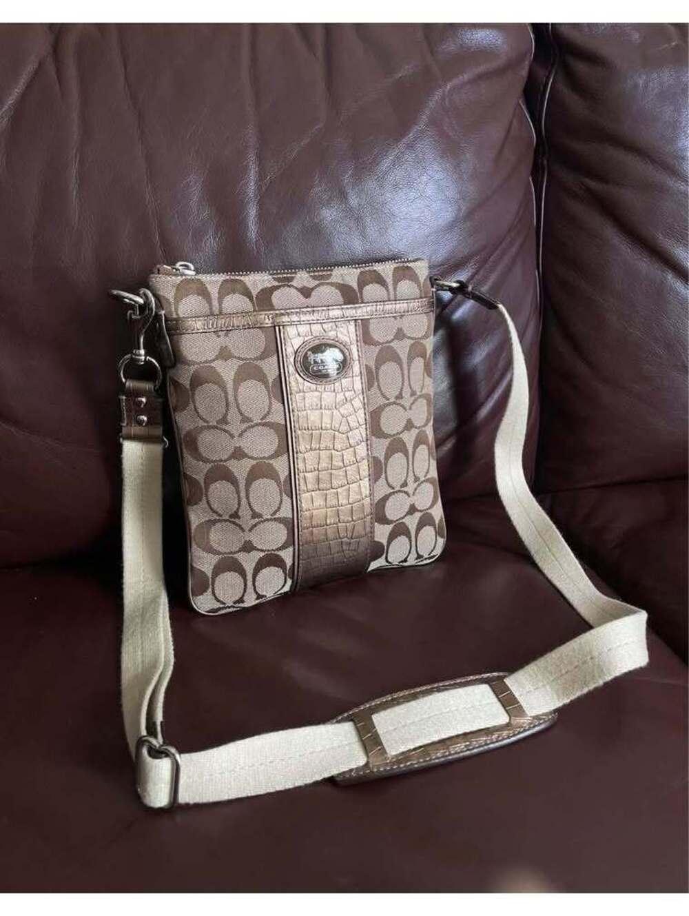 Coach Signature C Jacquard & Metallic Bronze Crossbody Bag